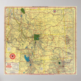 Póster Mapa de camino Idaho, Mont, mapa de Wyo