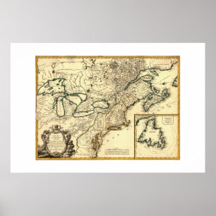 Póster Mapa de Canadá y Estados Unidos de 1778