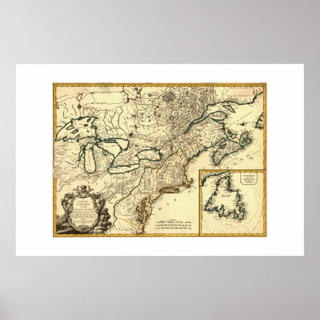 Póster Mapa de Canadá y Estados Unidos de 1778 (Frente)