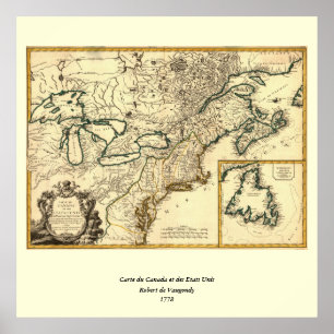 Póster Mapa de Canadá y Estados Unidos de 1778