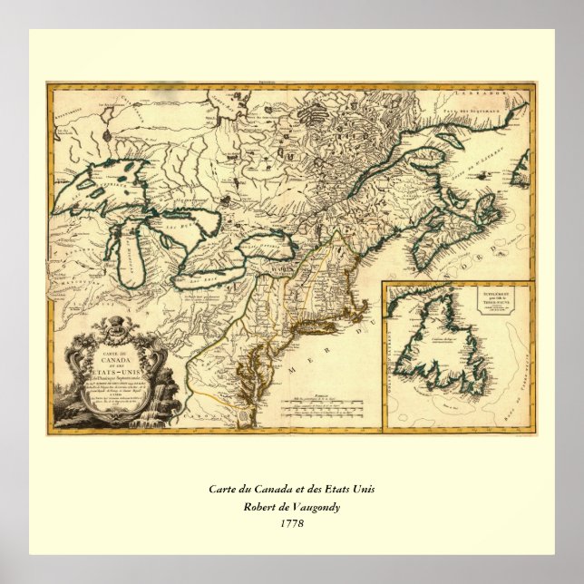 Póster Mapa de Canadá y Estados Unidos de 1778 (Frente)