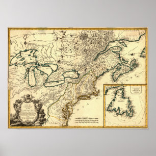 Póster Mapa de Canadá y Estados Unidos de 1778