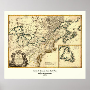 Póster Mapa de Canadá y Estados Unidos de 1778