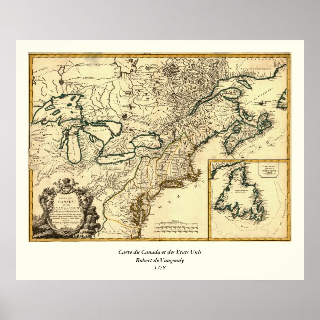 Póster Mapa de Canadá y Estados Unidos de 1778 (Frente)