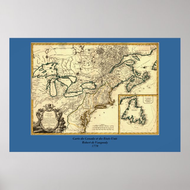 Póster Mapa de Canadá y Estados Unidos de 1778 (Frente)