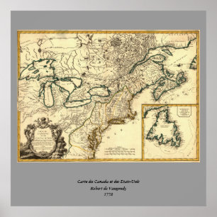 Póster Mapa de Canadá y Estados Unidos de 1778