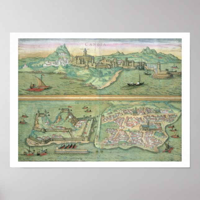 Póster Mapa de Candia y Corfú, de 'Civitates Orbis Ter (Frente)
