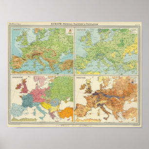 Póster Mapa de características físicas y población de Eur
