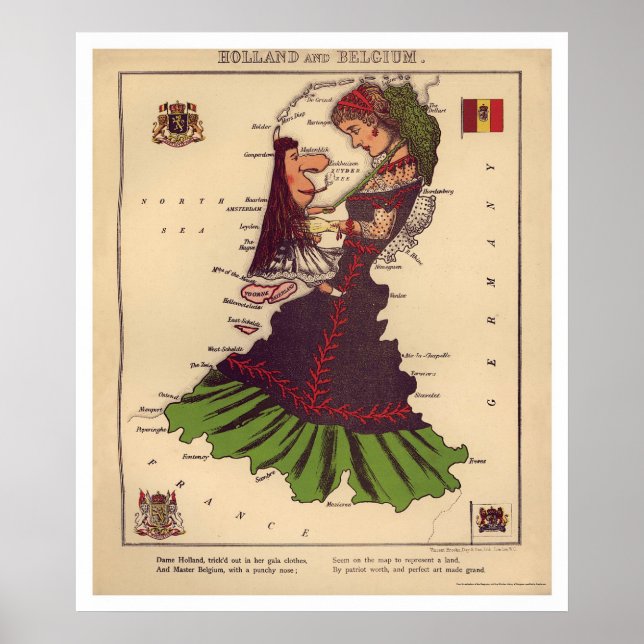 Póster Mapa de caricaturas de Holanda y Bélgica 1868 (Frente)