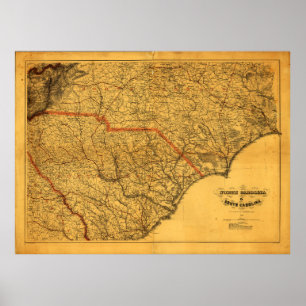 Póster Mapa de Carolina del Norte y del Sur (1865)