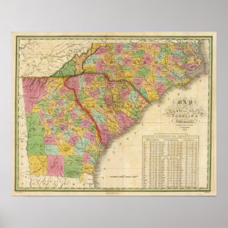 Póster Mapa De Carolina Del Norte Y Del Sur Y Georgia