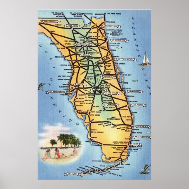 Póster Mapa de carreteras de Florida (Frente)