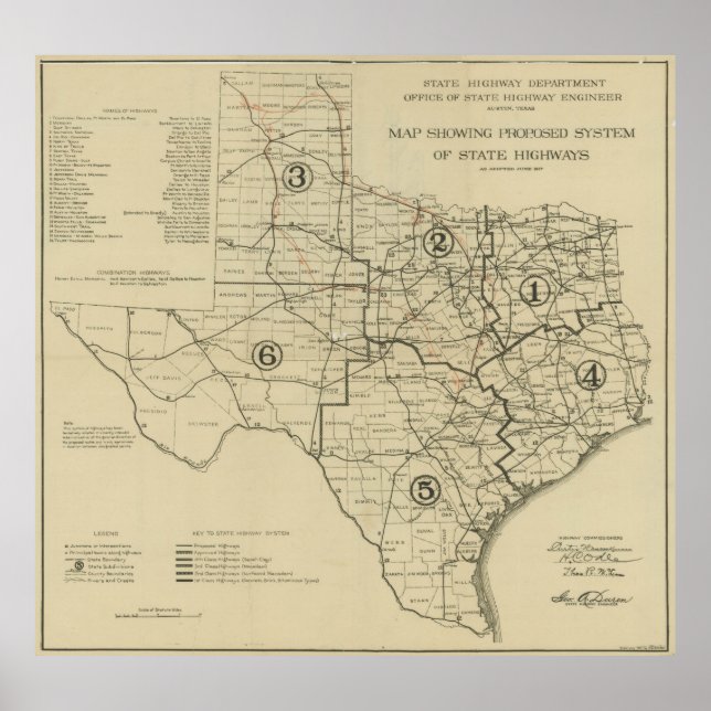 Póster Mapa de carreteras de Texas (1917) (Frente)