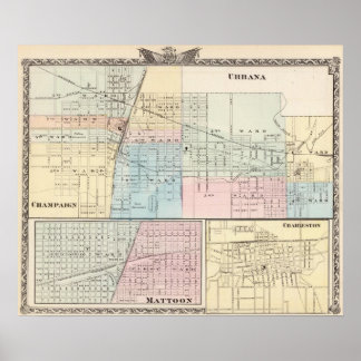 Póster Mapa de Champaign, Urbana, Mattoon y Charleston