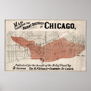 Póster Mapa de Chicago a partir de 1871 después del fuego