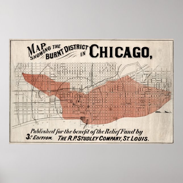 Póster Mapa de Chicago de 1871 después del incendio resta (Frente)