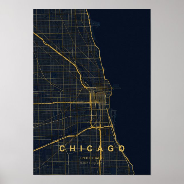 Póster Mapa de Chicago Illinois Estilizado | Moderno Real (Frente)