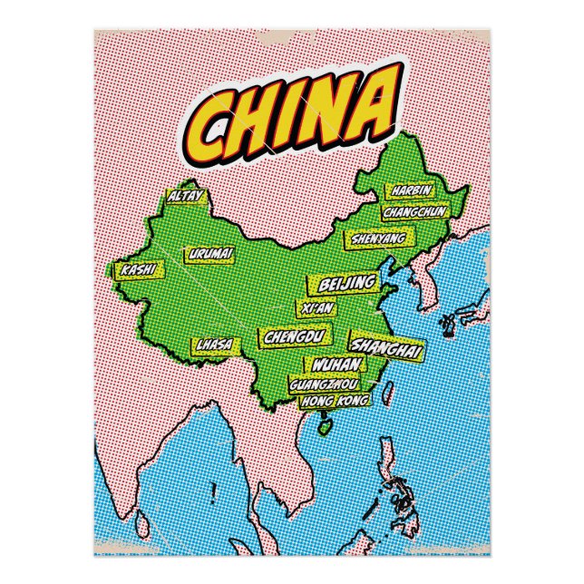 Póster Mapa de China ilustrado con arte pop (Anverso)