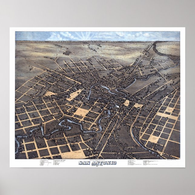 Póster Mapa de Ciudad Aérea Antiguo de San Antonio, Texas (Frente)