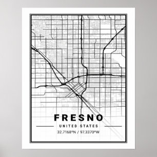 Póster Mapa de ciudades de viaje de Fresno California USA