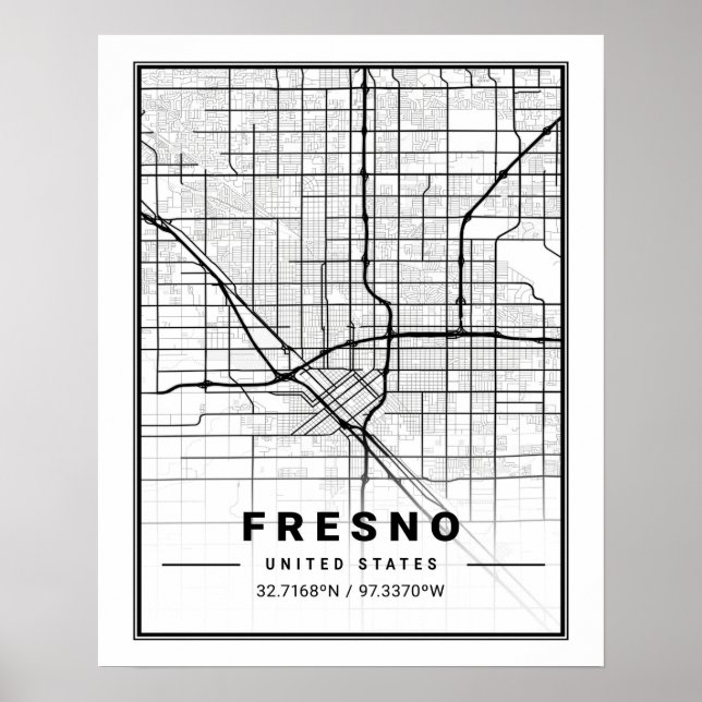 Póster Mapa de ciudades de viaje de Fresno California USA (Frente)