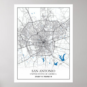 Póster Mapa de ciudades de viaje de San Antonio Texas