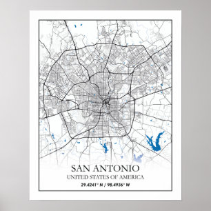 Póster Mapa de ciudades de viaje de San Antonio Texas