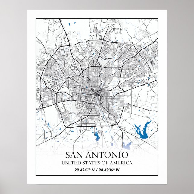 Póster Mapa de ciudades de viaje de San Antonio Texas (Frente)