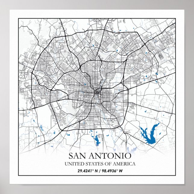 Póster Mapa de ciudades de viaje de San Antonio Texas (Frente)