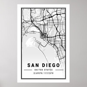 Póster Mapa de ciudades de viaje de San Diego California 