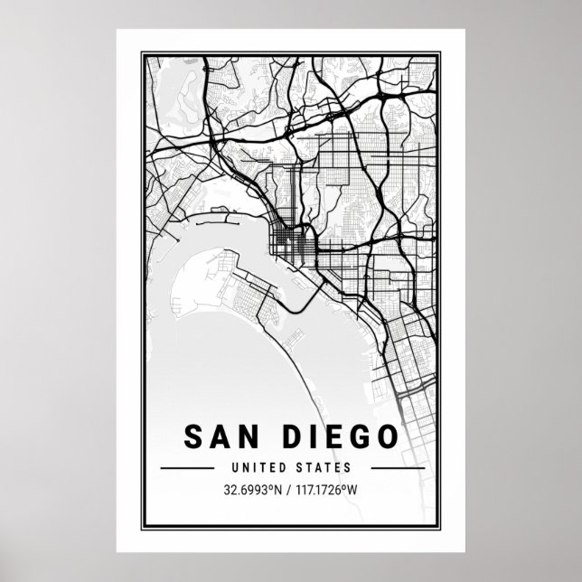 Póster Mapa de ciudades de viaje de San Diego California  (Frente)
