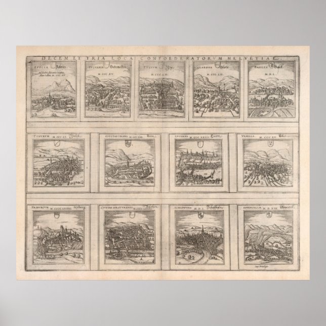 Póster Mapa de ciudades del antiguo Suiza (1575) (Frente)