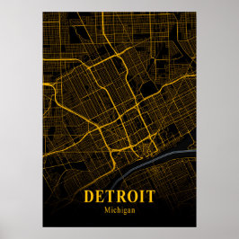 Póster Mapa de ciudades estadounidenses de oro de Detroit