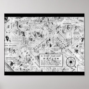 Póster mapa de clubes nocturnos de harlem blanco y negro