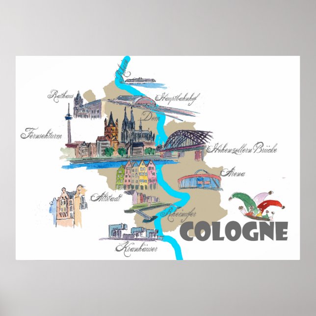 Póster Mapa de Colonia con puntos destacados turísticos (Frente)