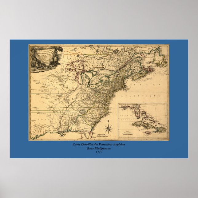 Póster Mapa de colonias americanas de 1777 de Phelippeaux (Frente)