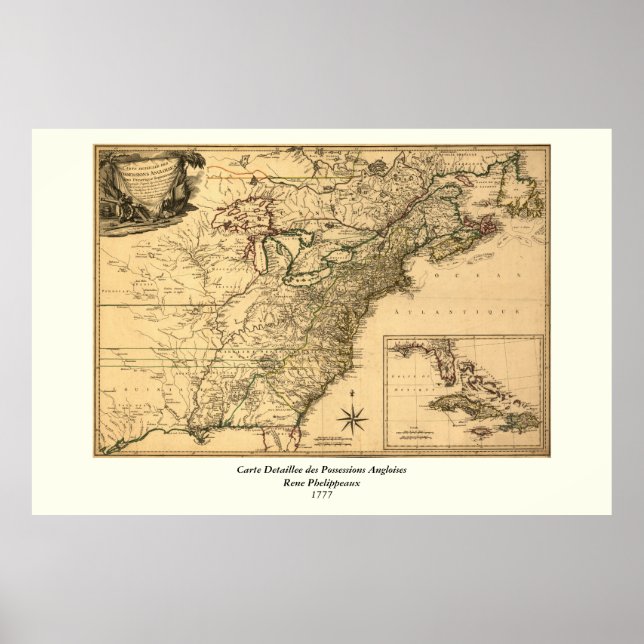 Póster Mapa de colonias americanas de 1777 de Phelippeaux (Frente)