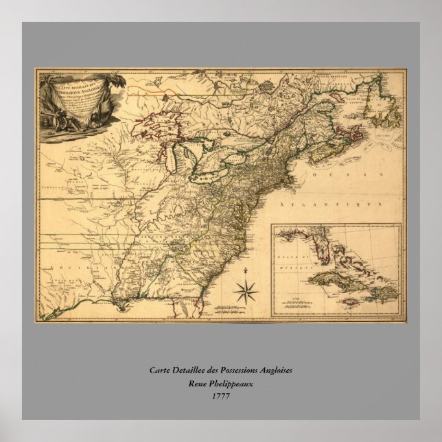 Póster Mapa de colonias americanas de 1777 de Phelippeaux (Frente)