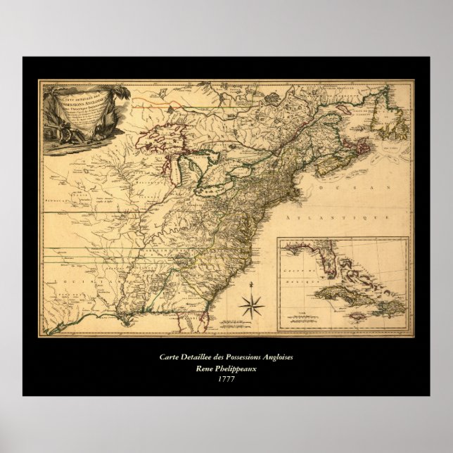 Póster Mapa de colonias americanas de 1777 de Phelippeaux (Frente)