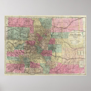 Póster Mapa de Colorado con ciudades (1884)