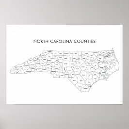 Póster Mapa de condados de Carolina del Norte con nombres