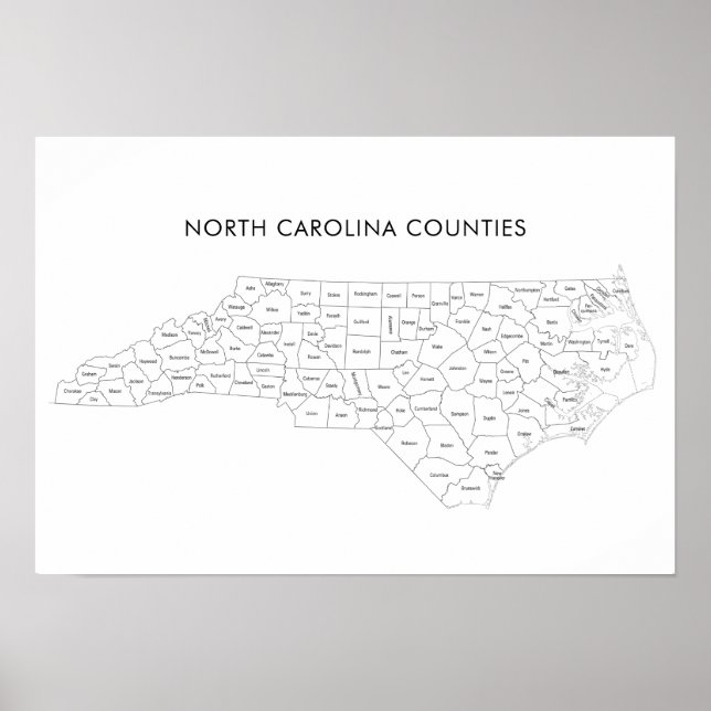 Póster Mapa de condados de Carolina del Norte con nombres (Frente)