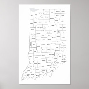 Póster Mapa de condados de Indiana con contorno del estad