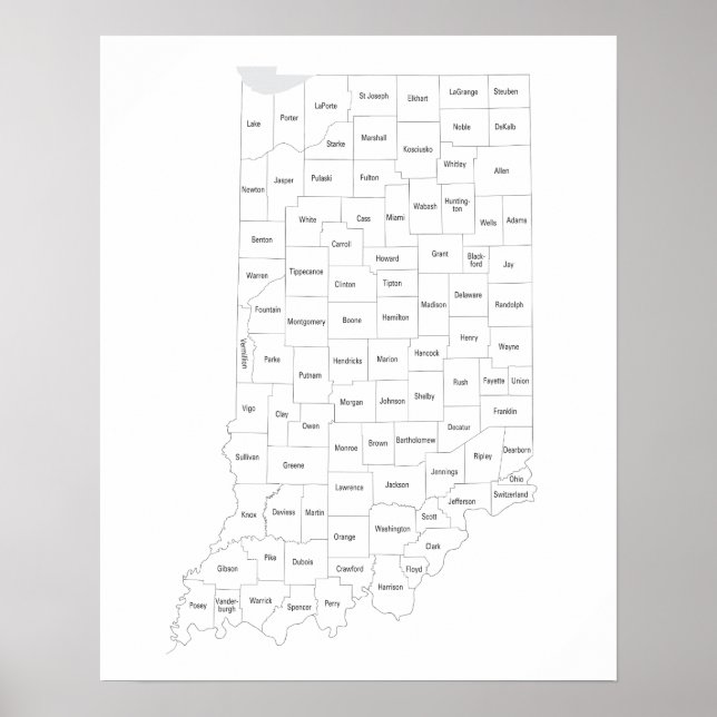 Póster Mapa de condados de Indiana con esquema de estado (Frente)