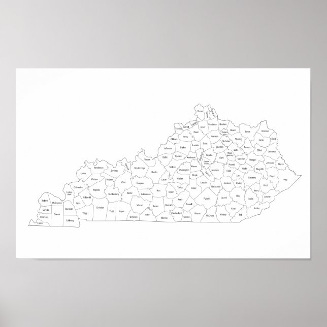 Póster Mapa de condados de Kentucky con nombres de condad (Frente)