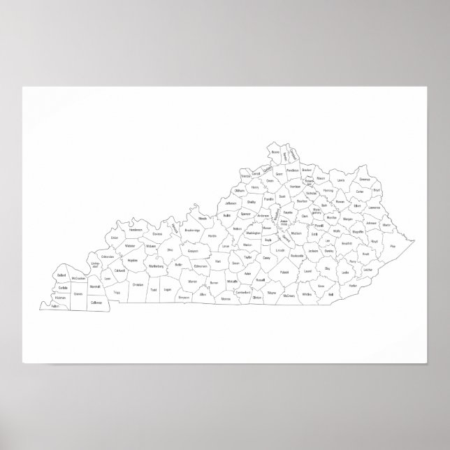 Póster Mapa de condados de Kentucky con nombres de condad (Frente)