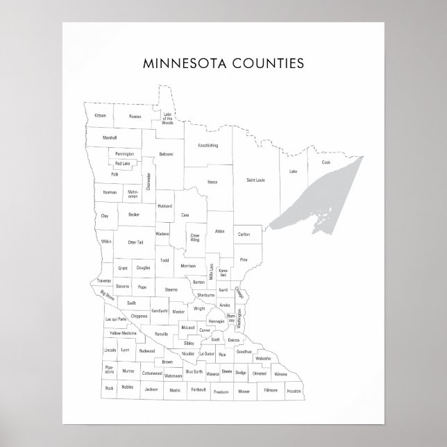 Póster Mapa de condados de Minnesota con nombres de conda (Frente)