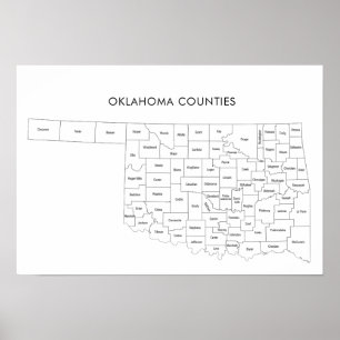 Póster Mapa de condados de Oklahoma con nombres de condad