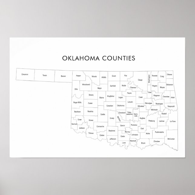 Póster Mapa de condados de Oklahoma con nombres de condad (Frente)