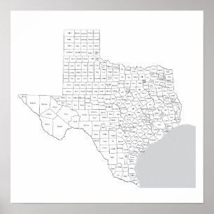Póster Mapa de Condados de Texas con nombres de condados